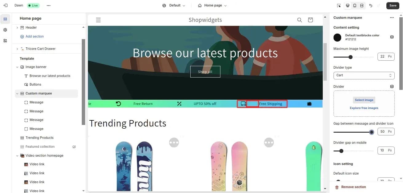 Size dropdown