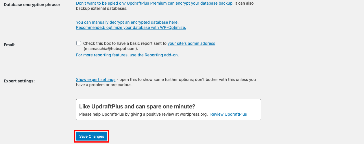 Saving UpdraftPlus settings