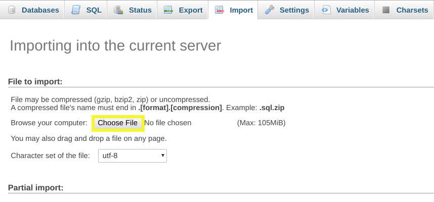 Selecting a backup file to import in phpMyAdmin