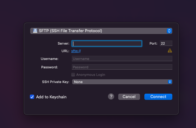 Connecting to a server via SFTP in Cyberduck