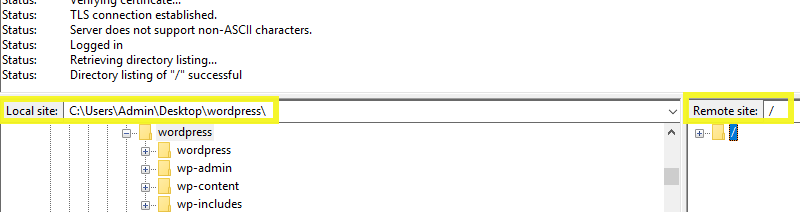 Local and remote file panels in FileZilla