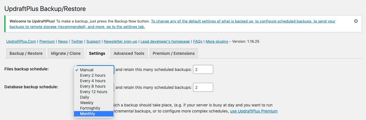 Scheduling automatic backups in UpdraftPlus